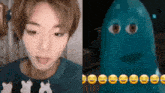 a close up of a person 's face next to a close up of a cartoon character 's face .