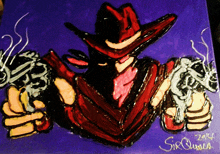a painting of a cowboy holding two guns has the year 2014 on it