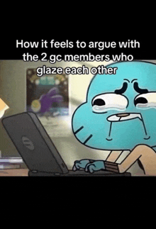 a cartoon character is crying while using a laptop