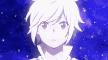 a cartoon character with white hair is looking up at the sky