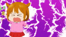 a little girl in a pink shirt and red skirt is holding a toy