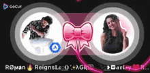 a man and a woman are in circles with a pink bow on them