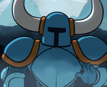 a cartoon of a knight with horns and a large t on his helmet