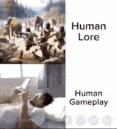 a man is laying in a bed playing a video game while a picture of a caveman is behind him .