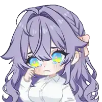 a cartoon girl with purple hair and blue eyes crying