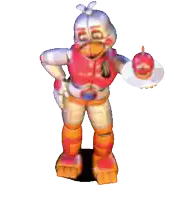 a robotic chicken is holding a cake with a red candy on it