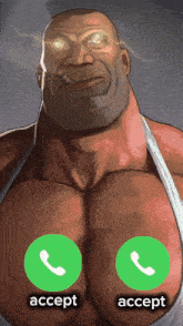 a cartoon of a man talking on a phone with accept and accept buttons on his chest