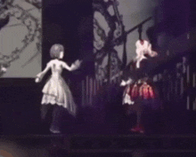 two anime characters are dancing on a stage with a clock in the background .