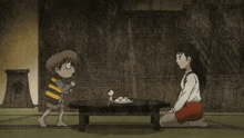 a woman kneeling down next to a boy with the words " it 's all right kitaro-san " on the bottom