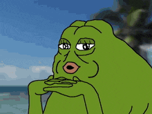 a cartoon of a green frog with a purple helmet on