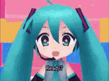 hatsune miku is wearing a microphone and saying ready .