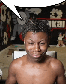 a shirtless man is making a funny face in front of a sign that says kai