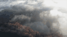 an aerial view of a foggy mountain range with trees in the foreground
