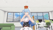a blue haired anime girl is making a heart with her hands