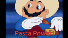 a cartoon of a man in a cowboy hat with the words pasta power on the bottom