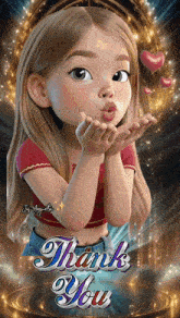 a cartoon girl blowing a kiss with the words thank you written below her