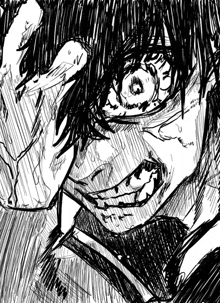 a black and white drawing of a person 's face with big eyes