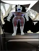 a drawing of a naked man in a car with a tree in the background