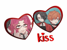 two hearts with anime characters and the word kiss