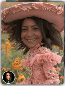 a woman wearing a pink hat and a pink dress is smiling in a field of flowers