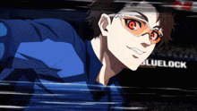 a cartoon character wearing glasses and a blue shirt with the word bluelock in the background