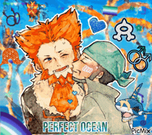 a drawing of a man kissing another man with perfect ocean written below it