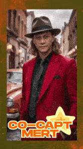 a picture of a man in a red suit and hat with the words co-capt mert