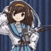 a pixel art of a girl holding a microphone .