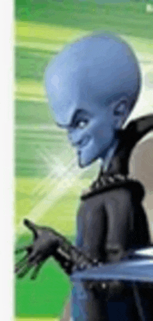 a cartoon character from the movie megamind is standing in front of a green field .