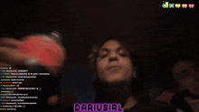 a close up of a person 's face with dariusirl written in purple