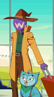 a cartoon character with a w on his head is holding a suitcase