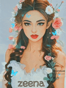 a painting of a woman with flowers in her hair and the name zeena at the bottom