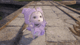 a video game character is wearing a purple hooded outfit