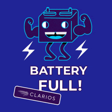 a sign that says battery full with a cartoon of a battery flexing its muscles