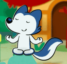 a cartoon drawing of a blue and white wolf with its eyes closed