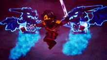a lego character with a sword is surrounded by glowing blue smoke