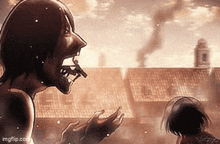 a man with a gun in his mouth is standing in front of a building with smoke coming out of it .