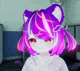 a girl with purple hair and a cat ear is smiling