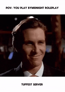 a man in a suit and tie is smiling with the caption " you play by midnight roleplay " .
