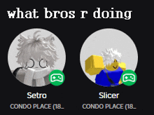 a picture of setro and slicer with the words what bros r doing below them