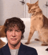 a man in a suit is looking at a cat