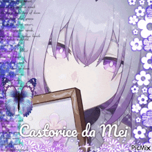 a picture of a girl with purple hair and the name castorice da mei on the bottom
