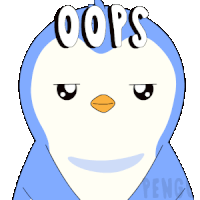 a blue and white penguin with the word oops written on its head