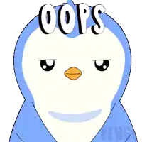 a blue and white penguin with the word oops written on its head