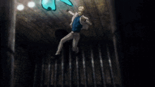 a man in a white shirt is jumping in the air with a blue flame coming out of his chest