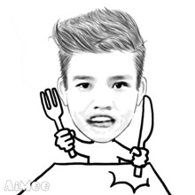 a black and white drawing of a man holding a fork and knife with aimee written below him