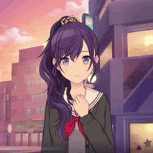 a girl with long purple hair and blue eyes is wearing a school uniform
