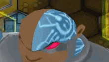 a close up of a cartoon character 's head with a blue mask on .