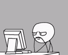 a stick figure is sitting in front of a computer monitor with an angry look on his face