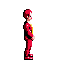 a pixel art of a man in a red suit and helmet is standing on a white background .